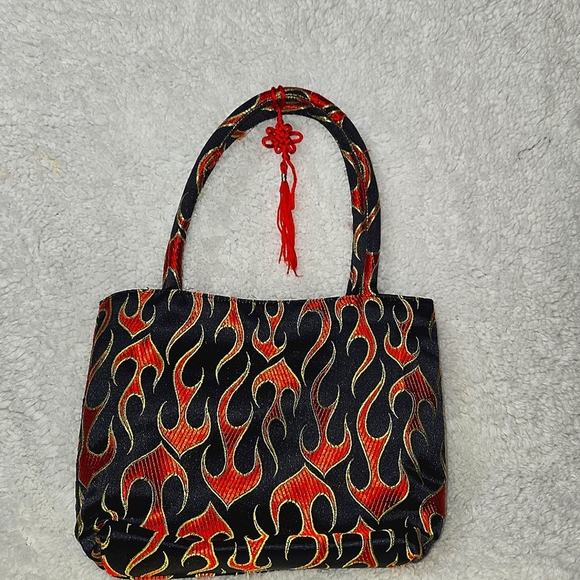 Cute Mini Bag w/ Black Red Gold Flames on Silk Brocade w/ Asian Symbol & snaps - Picture 7 of 11